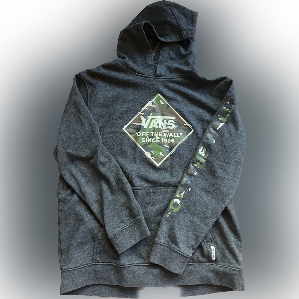 Vans Off The Wall Hooded Sweatshirt Charcoal Gray W Camo Graphic Youth XL